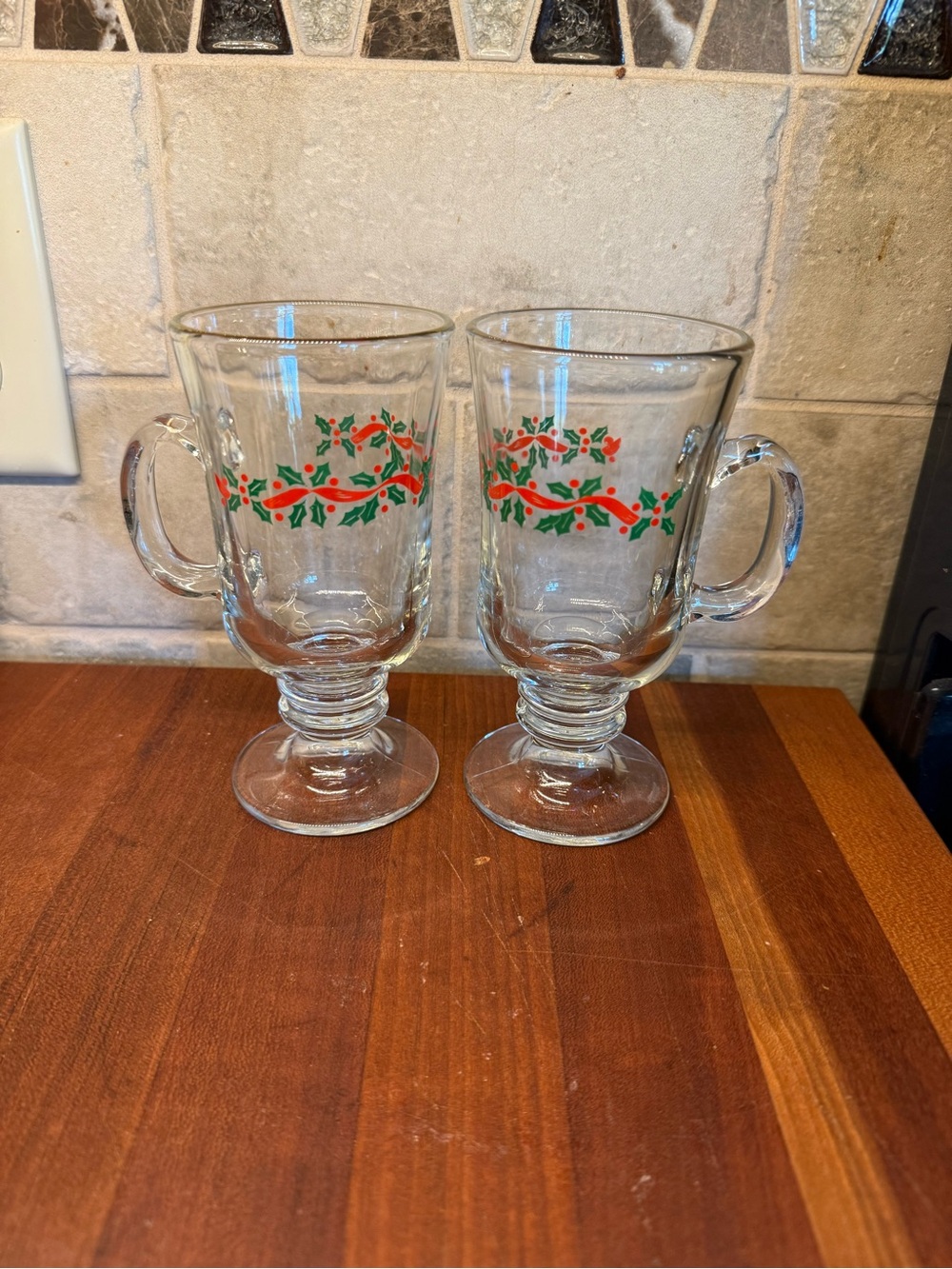 Libbey Vintage Irish Coffee Glass Mugs with Red and Green Holly - Set of 2